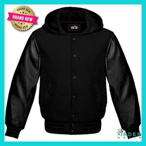 Varsity Bomber Jacket Wool Body Leather Sleeves Hooded Retro Letterman Style